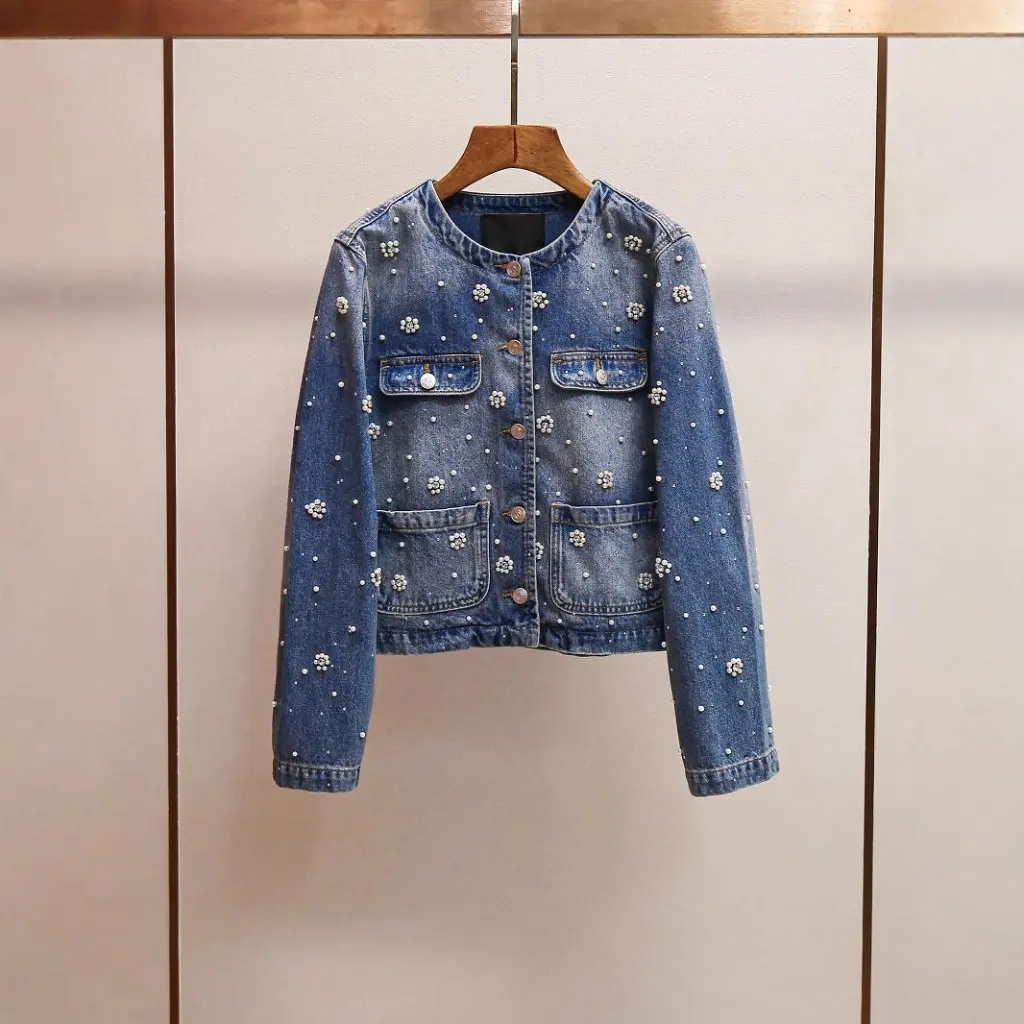 

Women's Western Style Slimming Denim Suit Spring Fashion Bead Short Jacket Straight Leg Pants Heavy Industry Theme