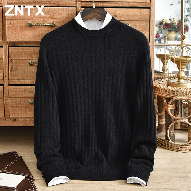 

Autumn and Winter New Men's Round Neck Pure Cashmere Sweater Striped Jacquard Knitted Casual Solid Color Korean Style Warmth