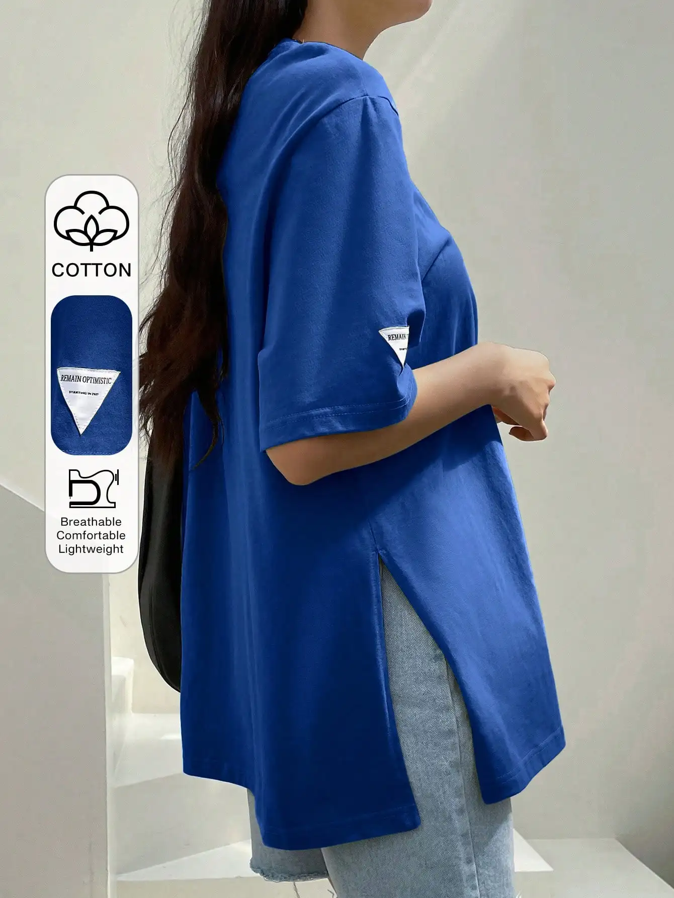 

Blue Cotton Drop Shoulder T-Shirt with Split Hem and Triangle Patch Detail