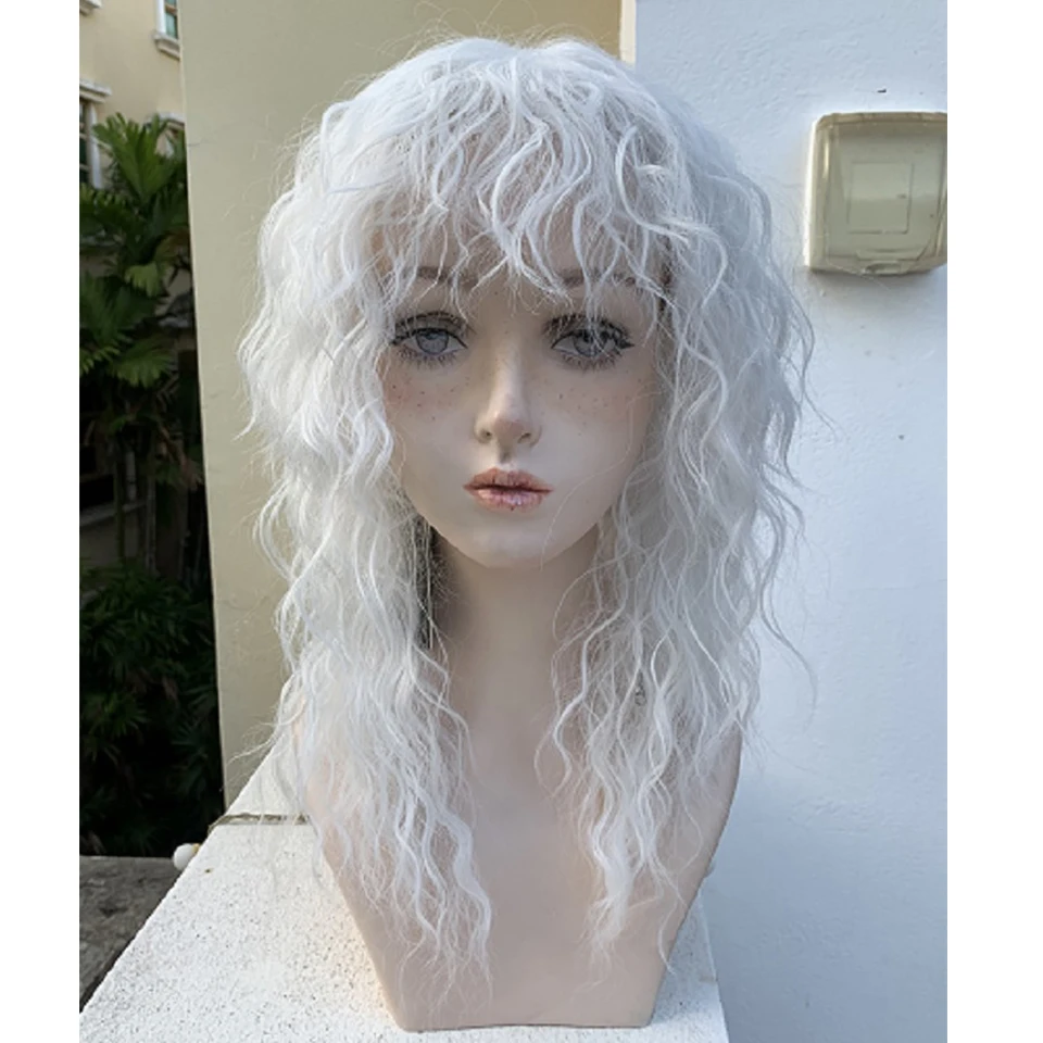 

Synthetic long curly white curly one-piece wig Female cosplay Lolita fringe wig party wig