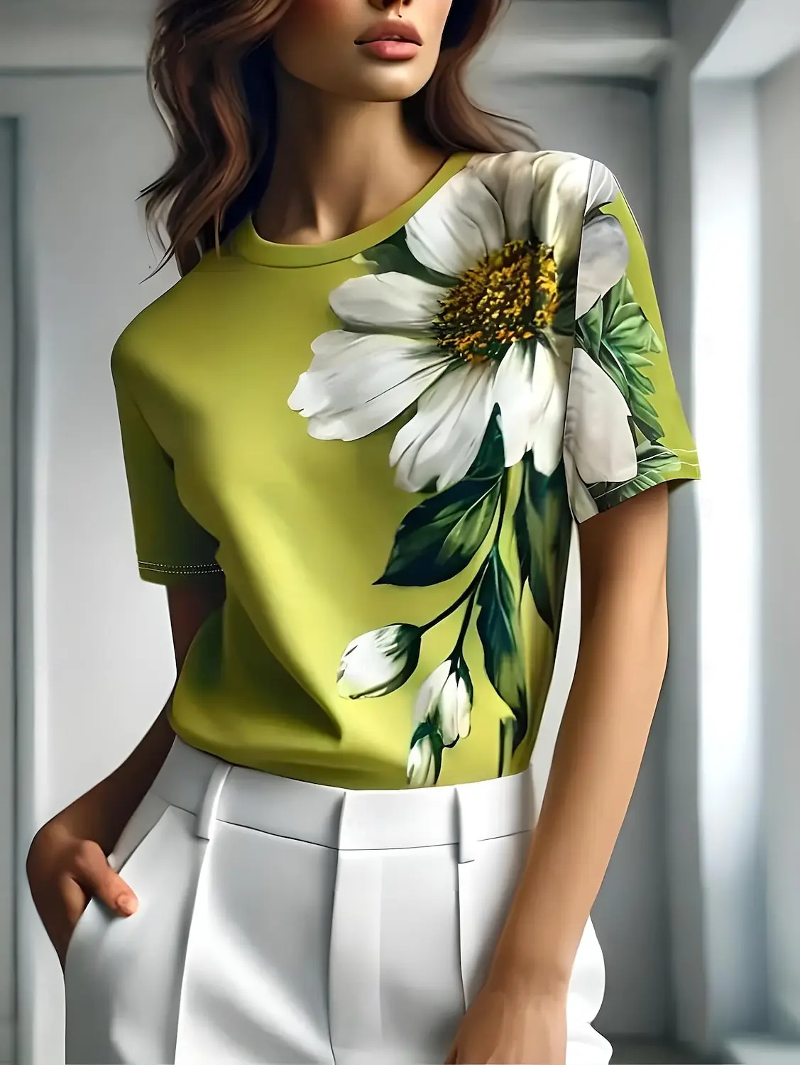 

3DPrinted Short Sleeve Floral Small White Flower Printed Women's Round Neck T-shirt Summer Loose Women's Casual Short Sleeve Top
