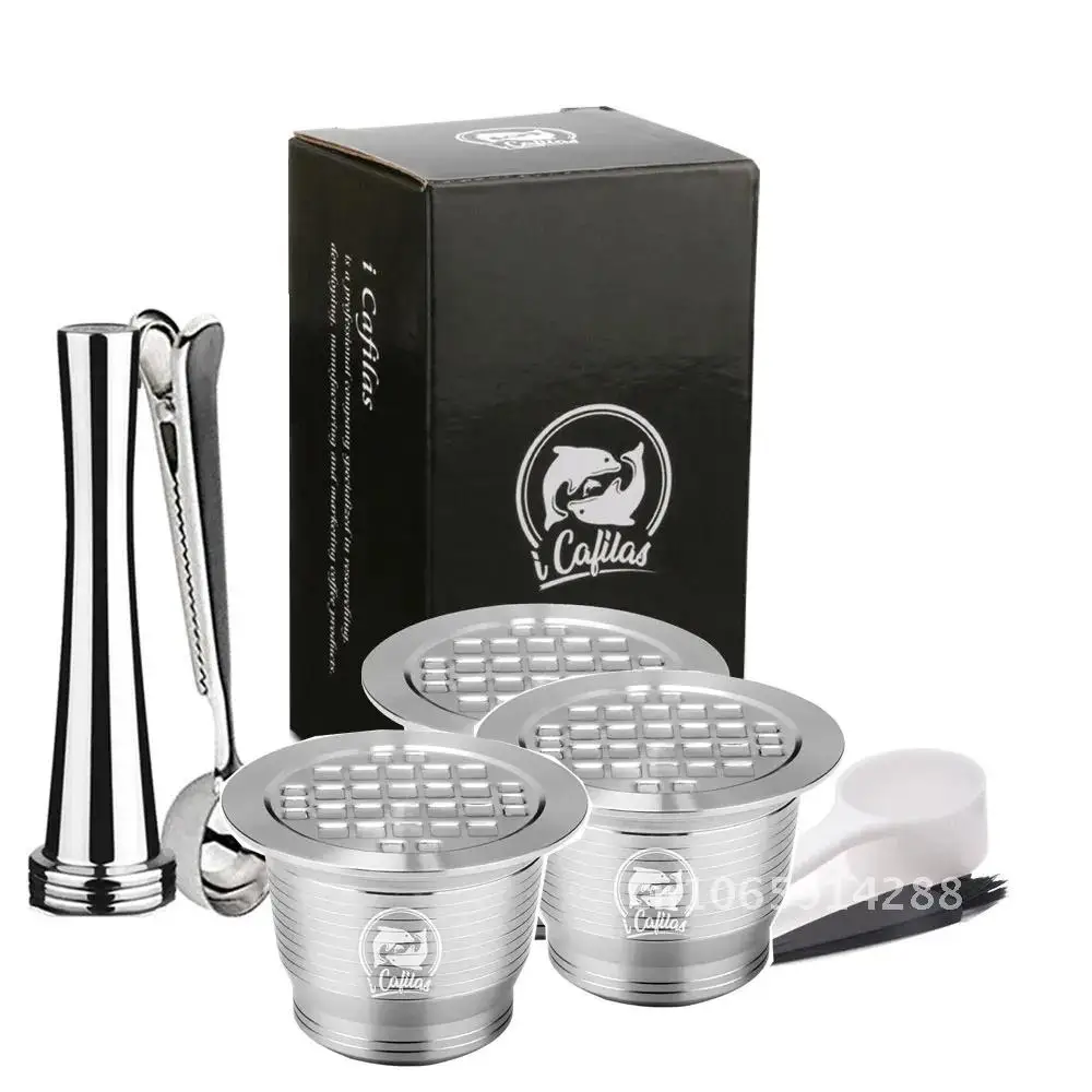 

ICafilas Stianless Metal Refillable Reusable Tamper Capsule Clips Coffee Spoon Capsule Nespresso With For