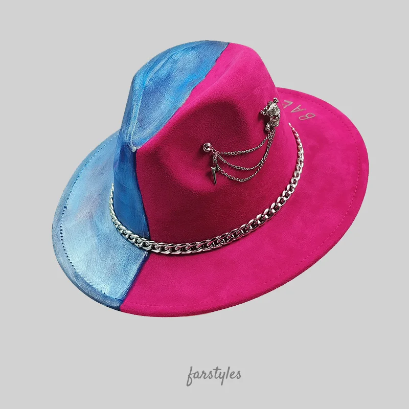 Hand-painted color-blocked suede fedora hat for women jazz suede hat men retro hat special unique fedora hat narrow brim hat