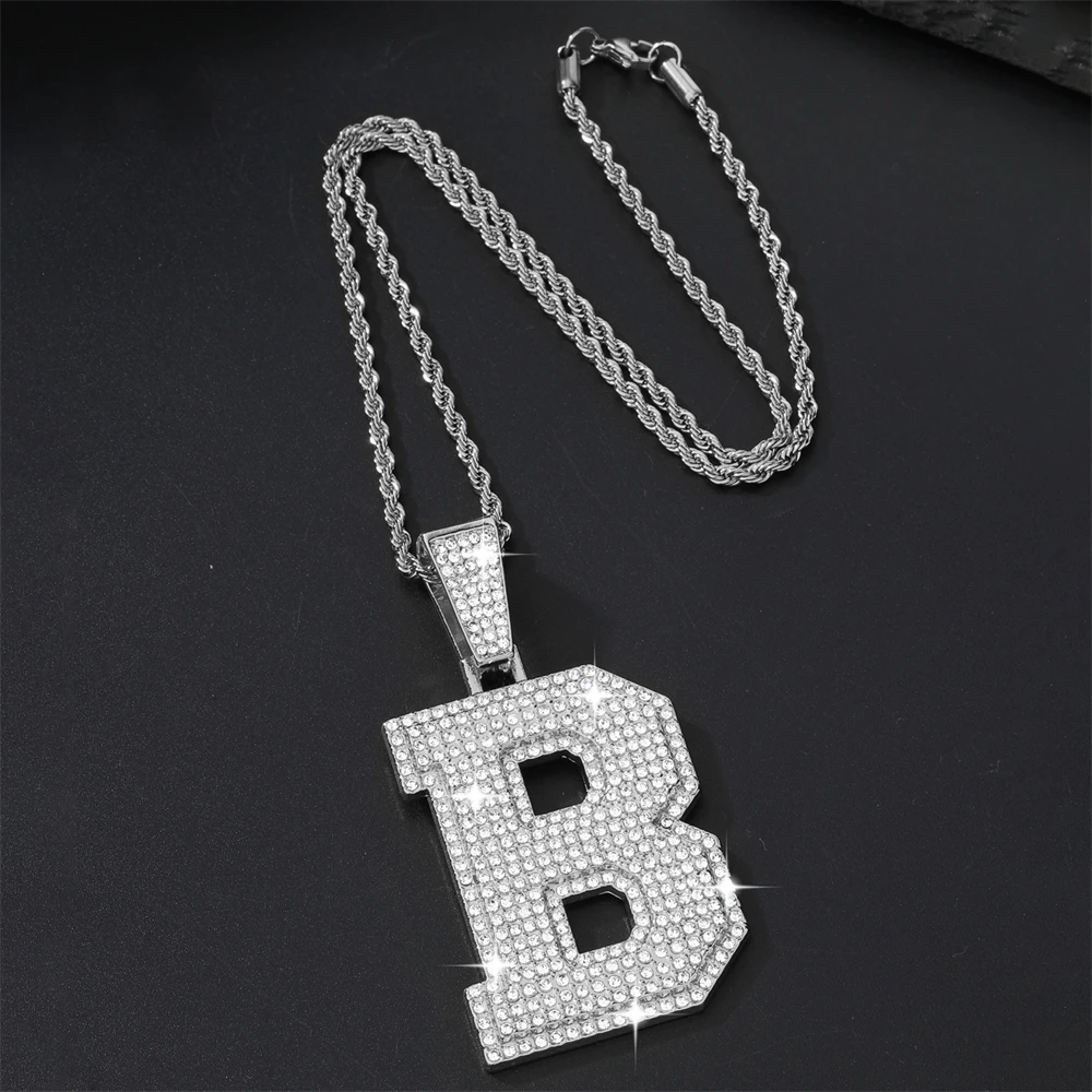 D&Z Hip Pop Big Letter B Pendant Necklace For Men Women Fashion Pave Pink Iced Out CZ Stones Pendant With Rope Chains