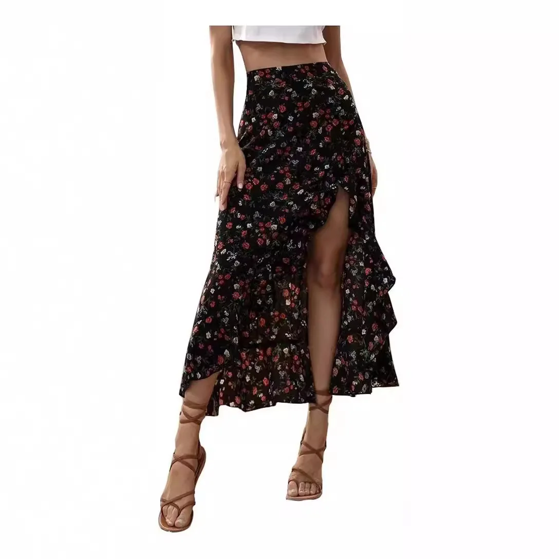 

2025 Spring Midi Skirt for Women Printed Lotus Leafs Fashion Elegant Sexy Side Slit Pastoral Style Pink Dress
