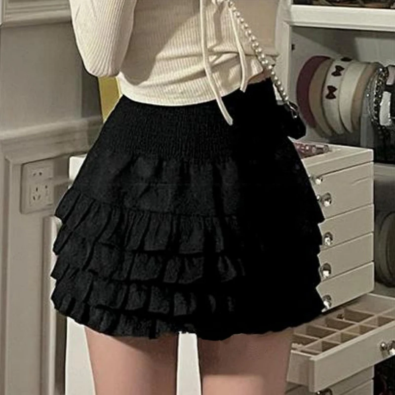 Streetwear Y2k Ruffles Mini Skirts Women Sweet Kawaii High Waist Lace A Line Skirt Summer Korean Fashion Black Ball Gown Skirts