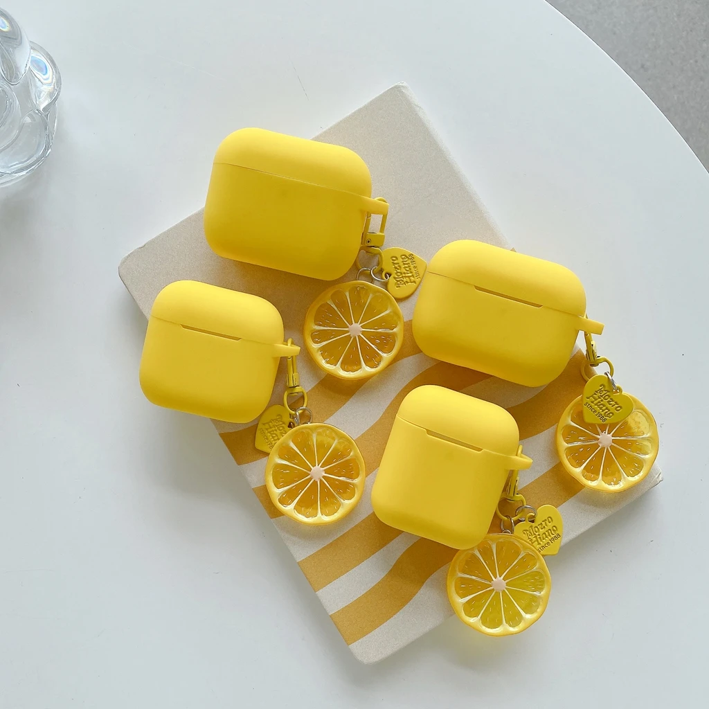 Fresh Summer Style Solid Yellow Soft Silicone With Lemon Slice Pendant Earphone Cover Case for AirPods 1 or 2 3 4 5 Pro 2 Pro 3