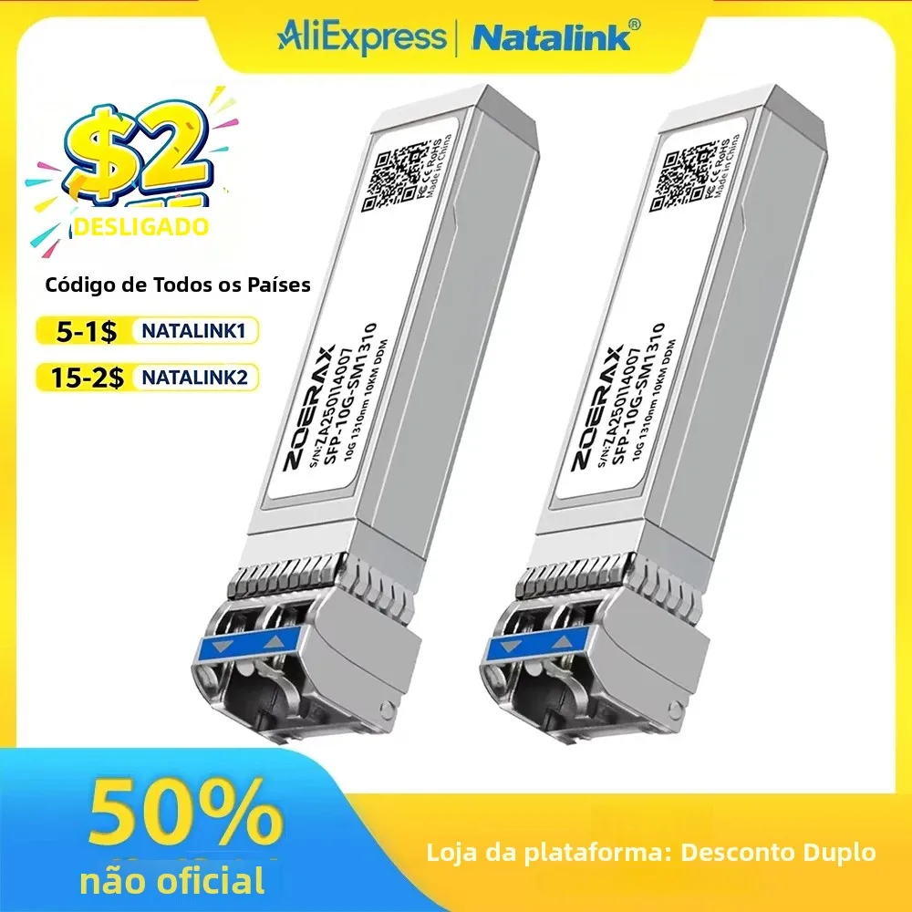 Módulo Transceptor Óptico SFP+ 10G Monomodo LC Duplex Natalink 1310nm 10km DDM para Cisco, TP-Link, Ubiquiti e Outros
