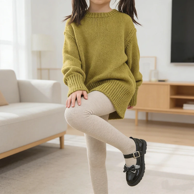 New Non-Slip Footed Tights for Girls New Vertical Stripe Brushed Tights with Grip Soles Light Fleece Lined Solid Color Pantyhose