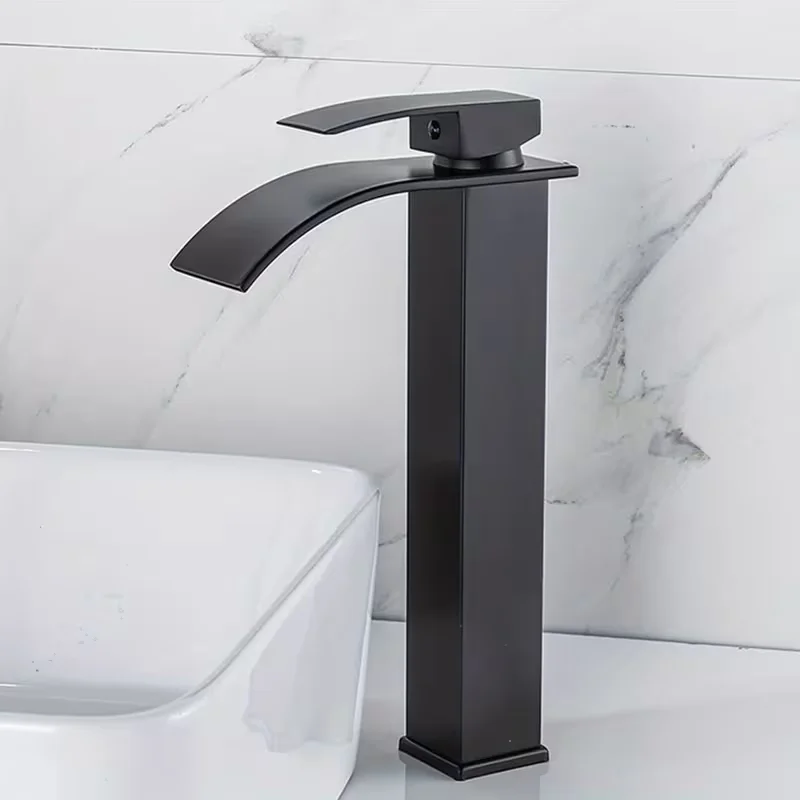 Single Handle Tall Waterfall Faucet for Bathroom Vessel Sink in Matte Black, Featuring a Large Rectangular Spout.