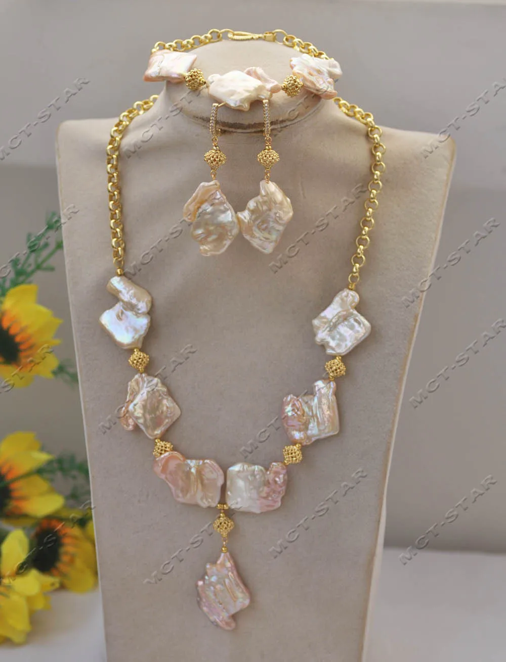 MTC·STAR  Set 33mm Pink Baroque Pearl  Necklace Pendant Bracelet Earring (Z13188 )