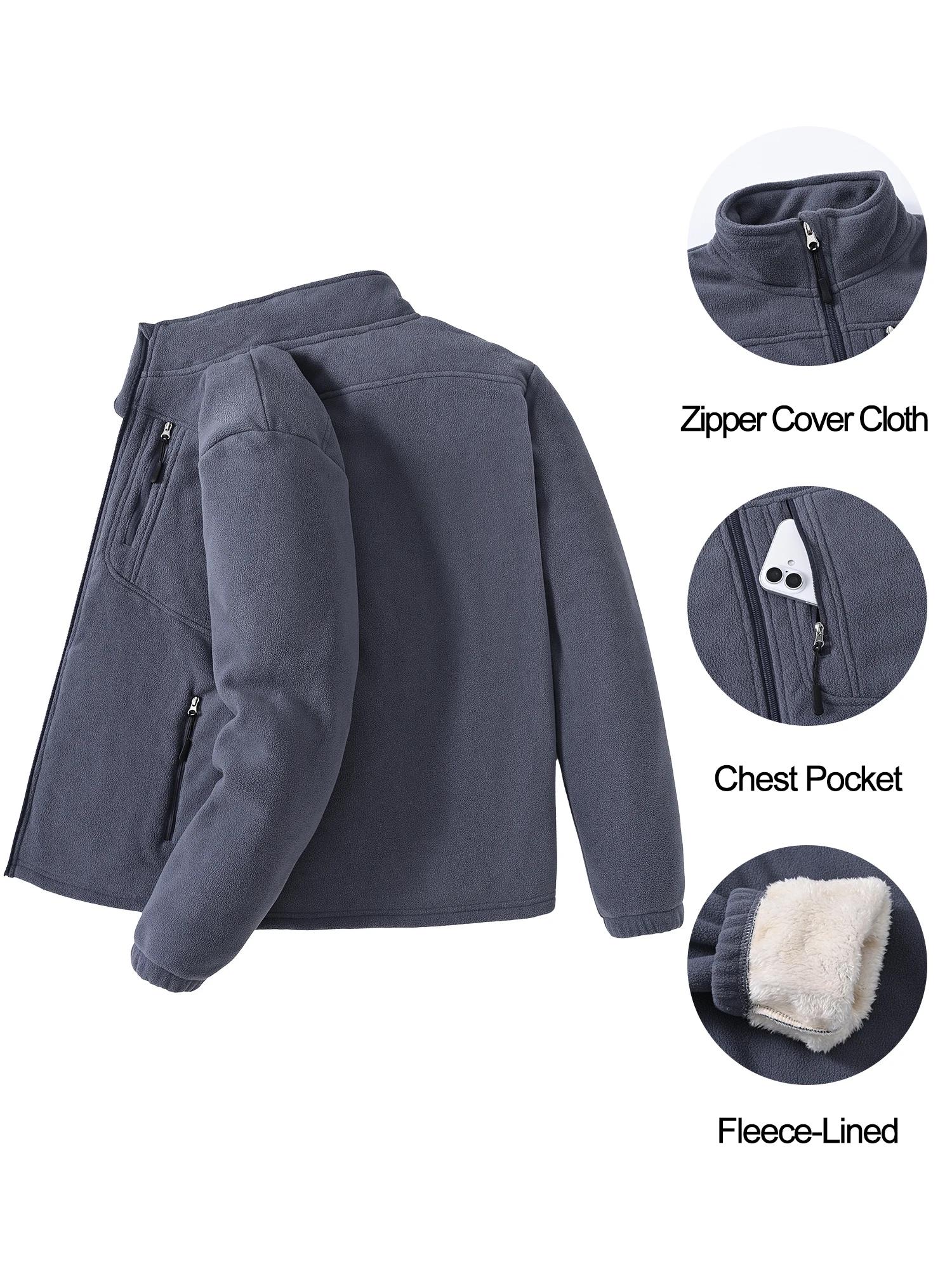 Men's Warm Polar Fleece Jacket Full Zip Windbreaker Multiple-pockets Outerwear Working Hiking Coat for Autumn & Winter