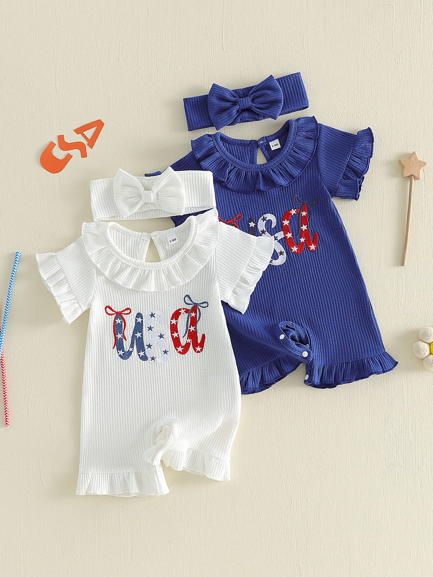 

Infant Girls Fourth of July Romper Set with Matching Headband Patriotic Short Sleeve Ruffle Jumpsuit and Bow Embroidery