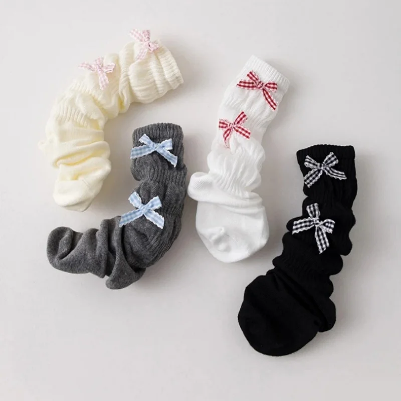 Child Long Socks For Girls Spring Autumn Cotton Bow Children Calf Socks Retro Solid Knee High Baby Kids Girl Elegant Sock 1-12Y view 5