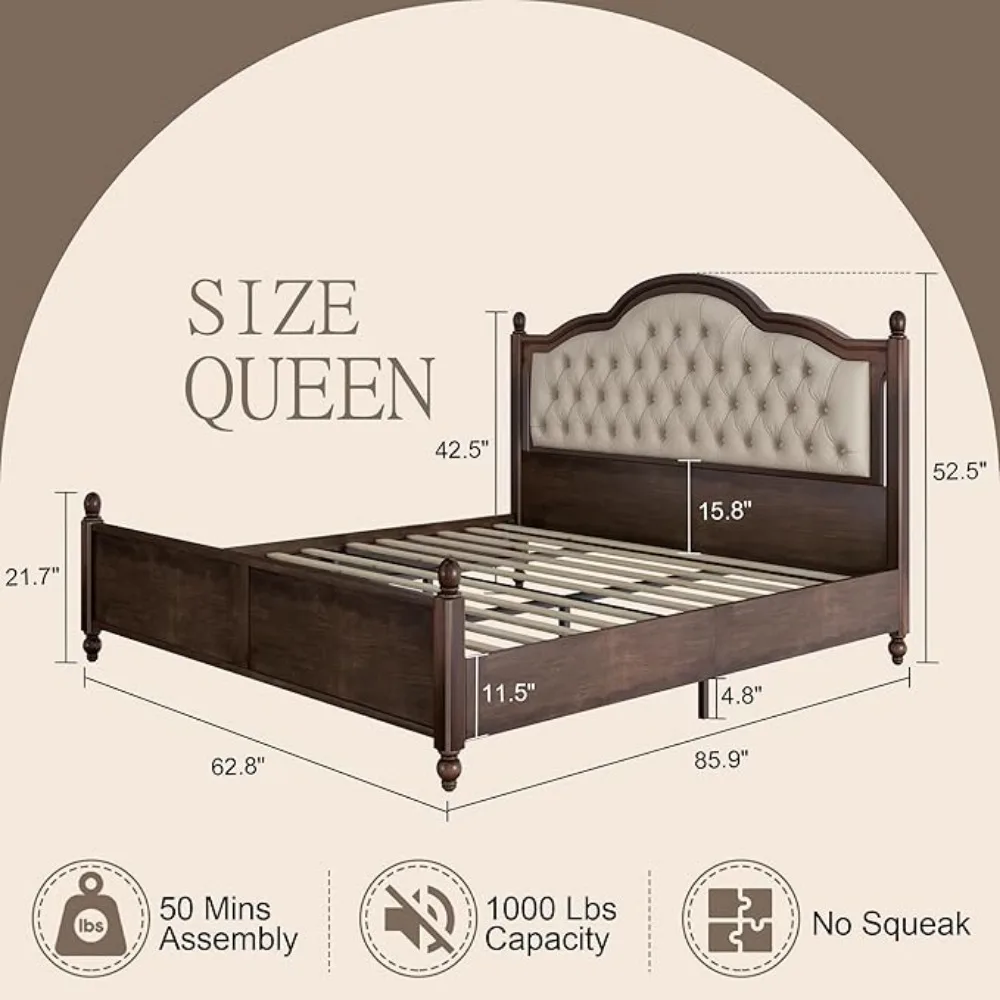 Solid Wood Bed Frame Queen Size, Transitional Platform Bed with 52.5" Upholstered Tufted Headboard, Rubberwood/Roman Column image 5