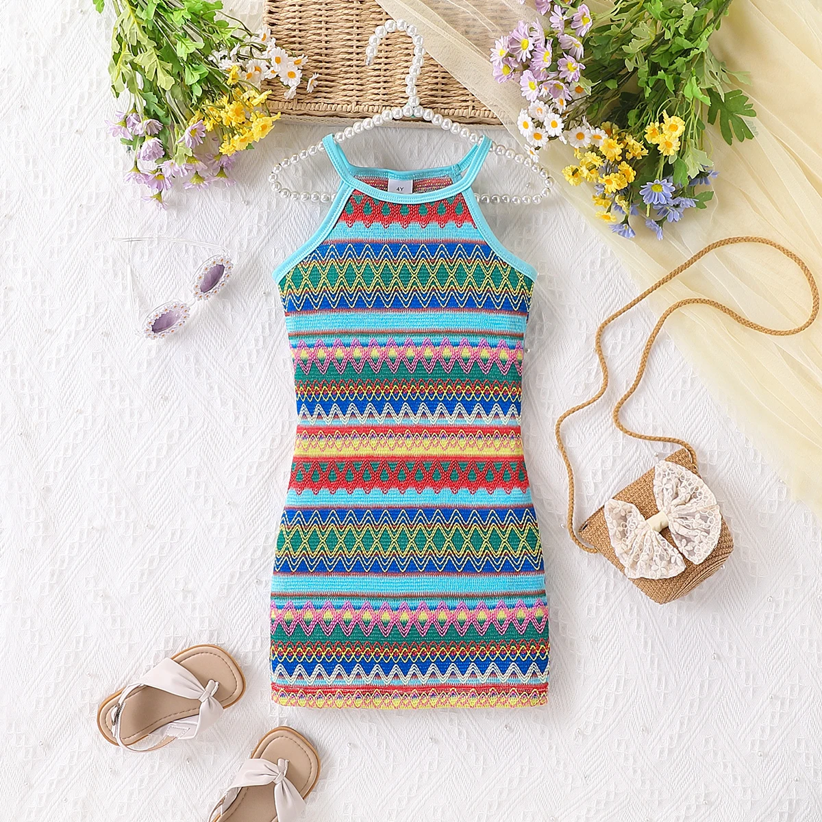 Girls' Leisure Vacation Micro Elastic Slim Fit Waist Bag, Hip and Knee Length Sleeveless Round Neck Suspender Dress, Summer