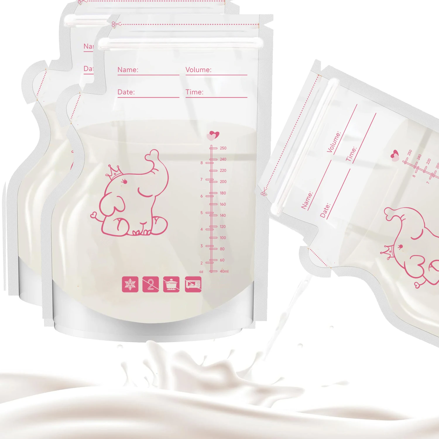 250ml  50pcs Breastmilk Storage Bag elephant printing Self Standing No Leak Milk Freezer Bags Safe Feed BPA Free