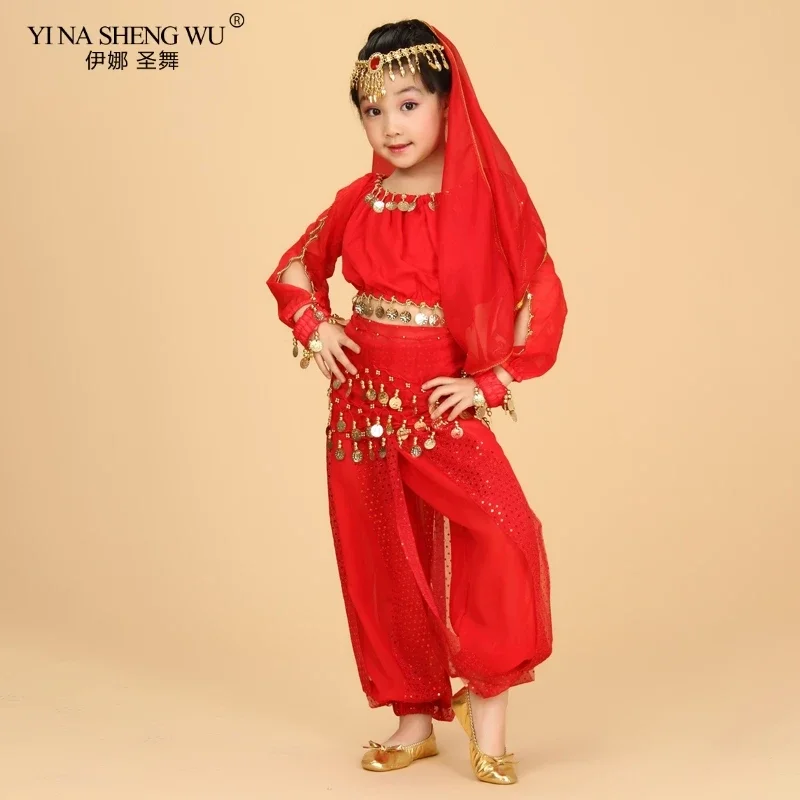 Bollywood Belly Dance Costume Set For Kids Egypt Egyptian Oriental Indian Belly Dance Suit For Girl Skirt 120D Chiffon Top Pants