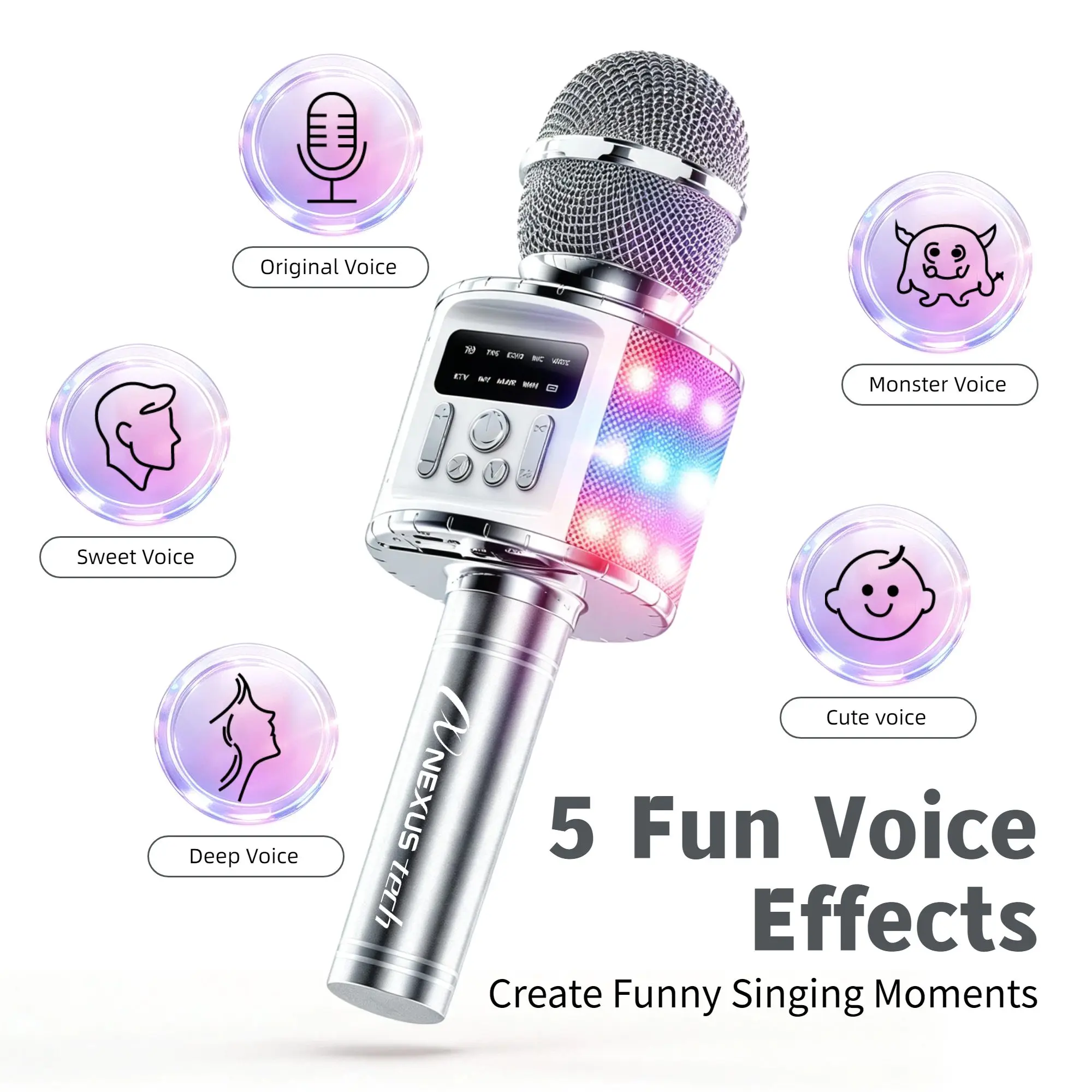 TWS Dual Wireless Karaoke Microphone with Speaker, RGB Lights, 5W, Voice Changer, Bluetooth Duet Singing Mic for Party Home KTV Adults Kids - view 3