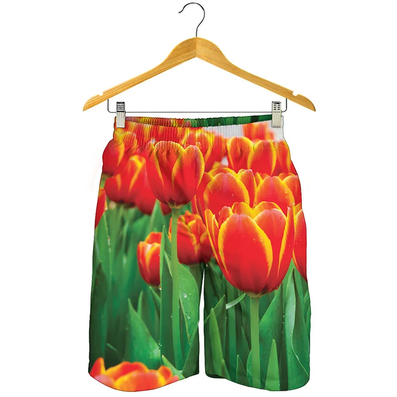 Colorful Tulip Floral Graphic Beach Shorts Men 3D Print Plants Flower Short Pants Surf Board Shorts Summer Quick Dry Swim Trunks