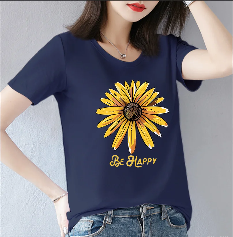 Cotton 100% European and American Women's Small Daisy Print Casual Top Short Sleeve T-shirt Oversized T Shirt  Graphic Tops