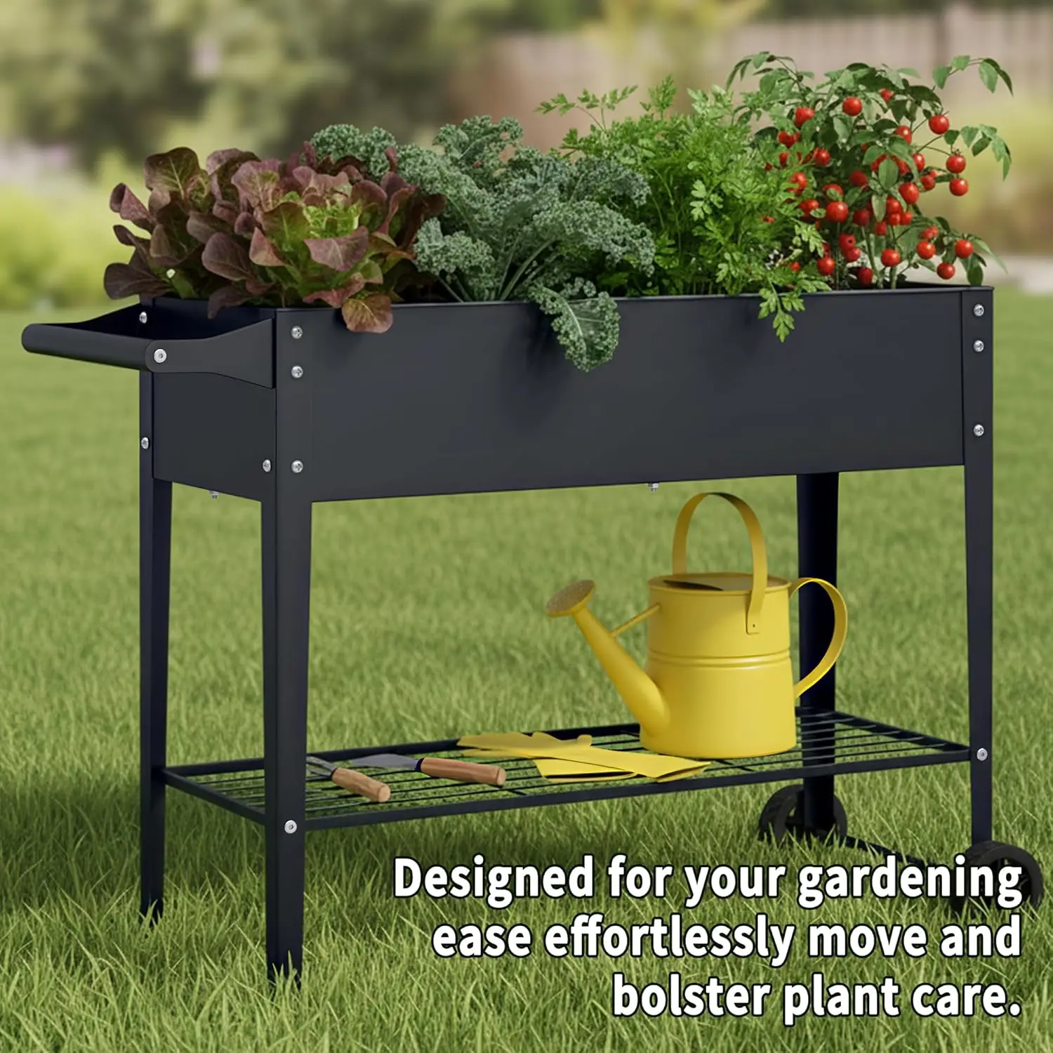 Backyard Outdoor Garden Grey Metal Planter Box with Wheel - 32\ view 5