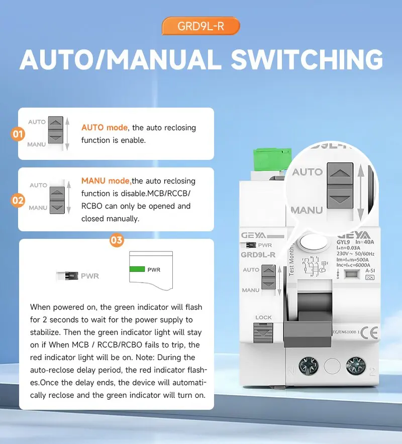 GEYA GRD9L mit A-SI RCCB Auto-Reconnectable Fehlerstromschutzschalter 2P 40A 0,03A (30mA) RCD Elektromagnetisch Superimmunisiert – Detail 4