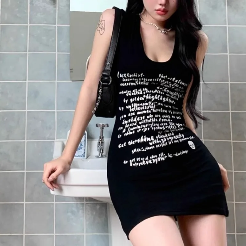 Sleeveless Dresses Women Bodycon Letter Printed Korean Fashion Mini Sundress Sexy Spicy Girls Streetwear Summer Low-cut Vestidos