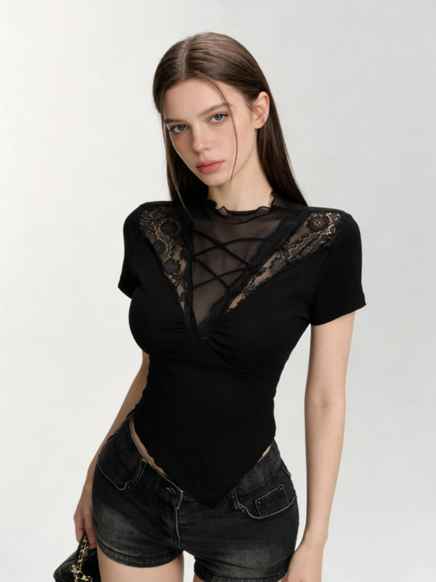 Women's Gothic Emo Y2K T-shirt Black Short Sleeve Lace Mesh Patchwork Sexy Deep V T-Shirt Vintage Aesthetic Tee Top Summer 2026