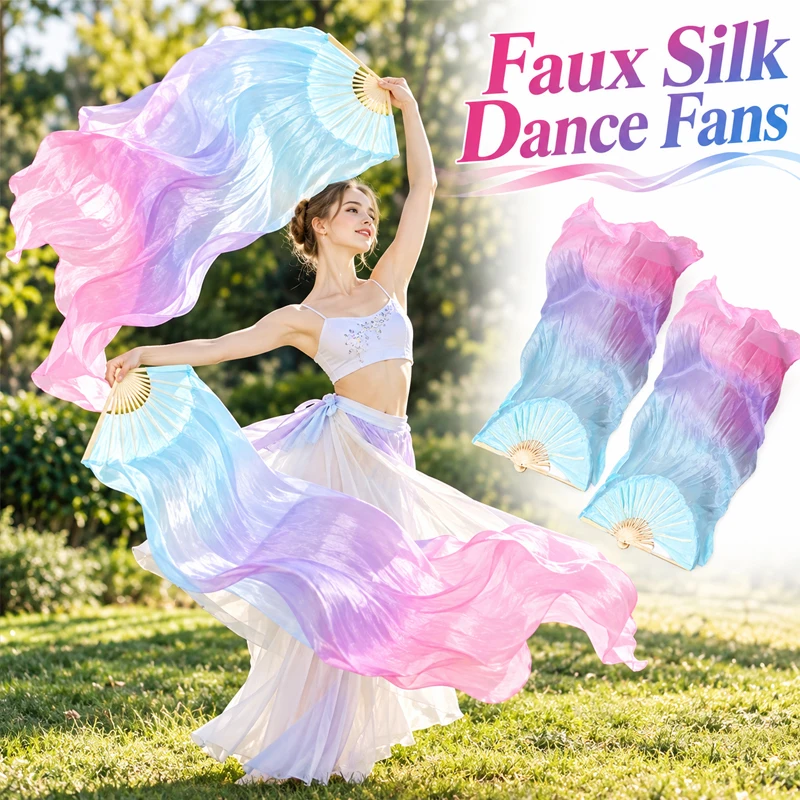 1pair Faux Silk Dance Fans 1.5m 1.8m Flow Streamers Gradient Color Classical Dance Belly Dance Hand Fan Stage Performance Props