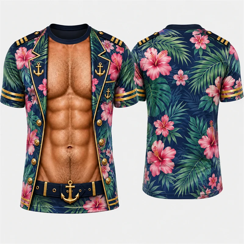 Mens Creative 3D Fake Captain Uniform Muscle Print Short Sleeve T‑Shirt Hawaii Floral Visual Illusion Design Loose Beach Tops