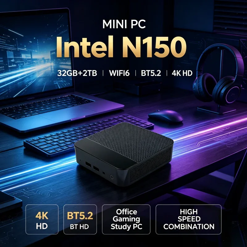 Multifunctional Desktop Mini Host N150 Processor 16GB RAM Large SSD Bluetooth 5.2 Reliable 4K Output Business Household Computer