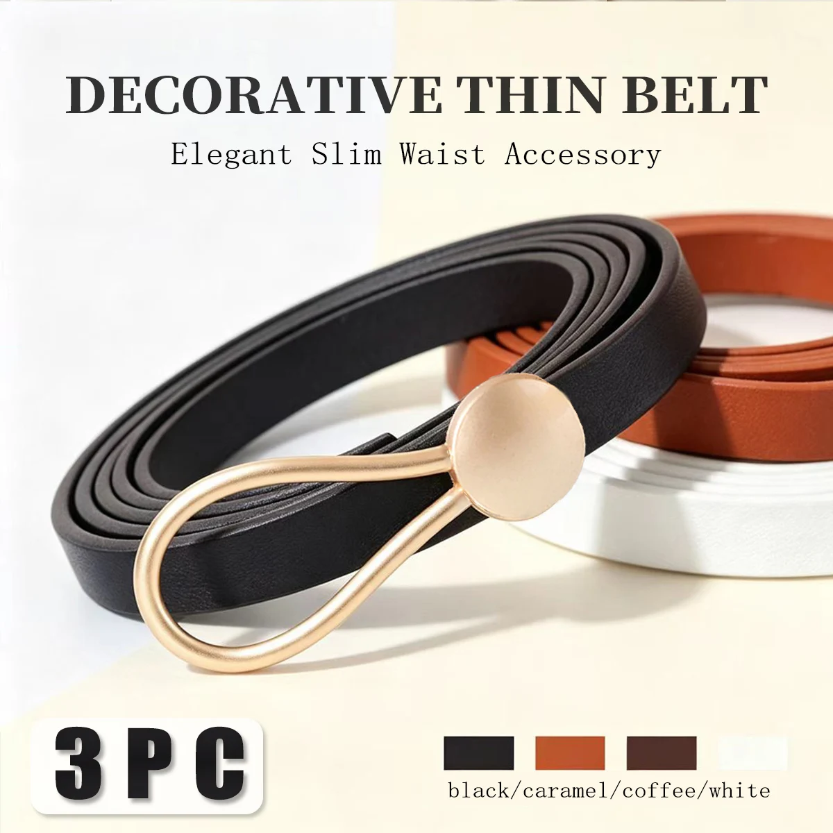 3‑Piece Women Slim Decorative Waist Belts, No Punch Round Metal Loop Buckle Skinny Belts for Dress Shirt Sweater