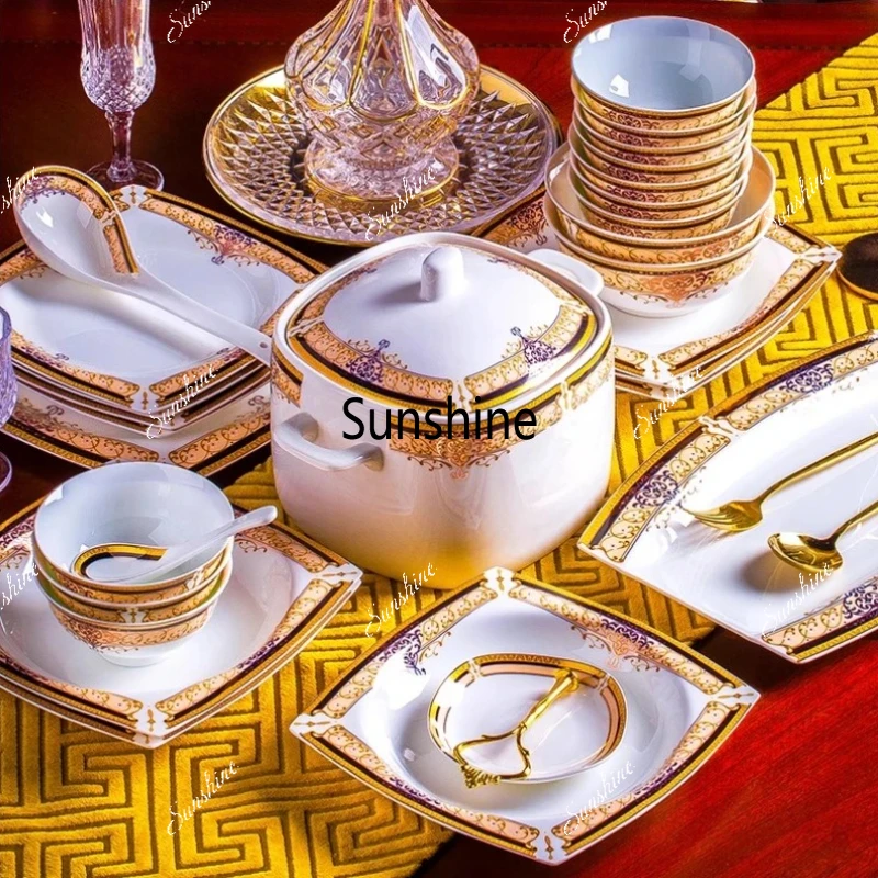 Luxury Ceramic Modern Dinnerware Set Microwaveable Gold Elegant European Style Wedding Dinnerware Party Hotel Vaisselle Gift