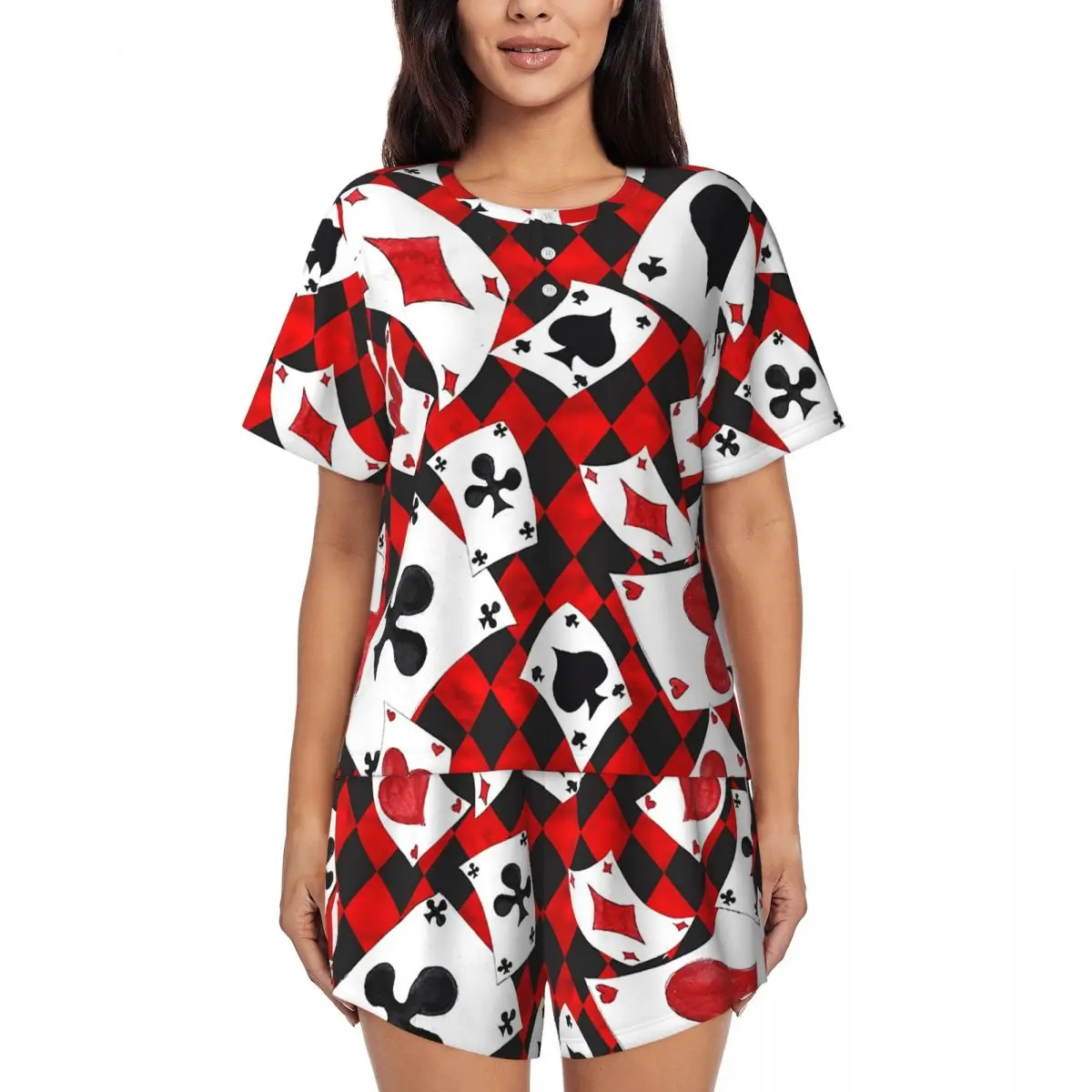 

Cool Poker Playing Cards Pattern Gambling Card Game Round Neck Short Sleeve Nightgowns Sleepshirts Women Pajama Set Short Pants