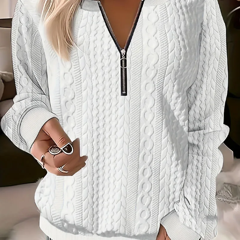 2023 New Autumn Fashion Solid Color Zipper V-Neck Loose Long Sleeve Temperament Commuter Women\'s Casual and Unique Sweater