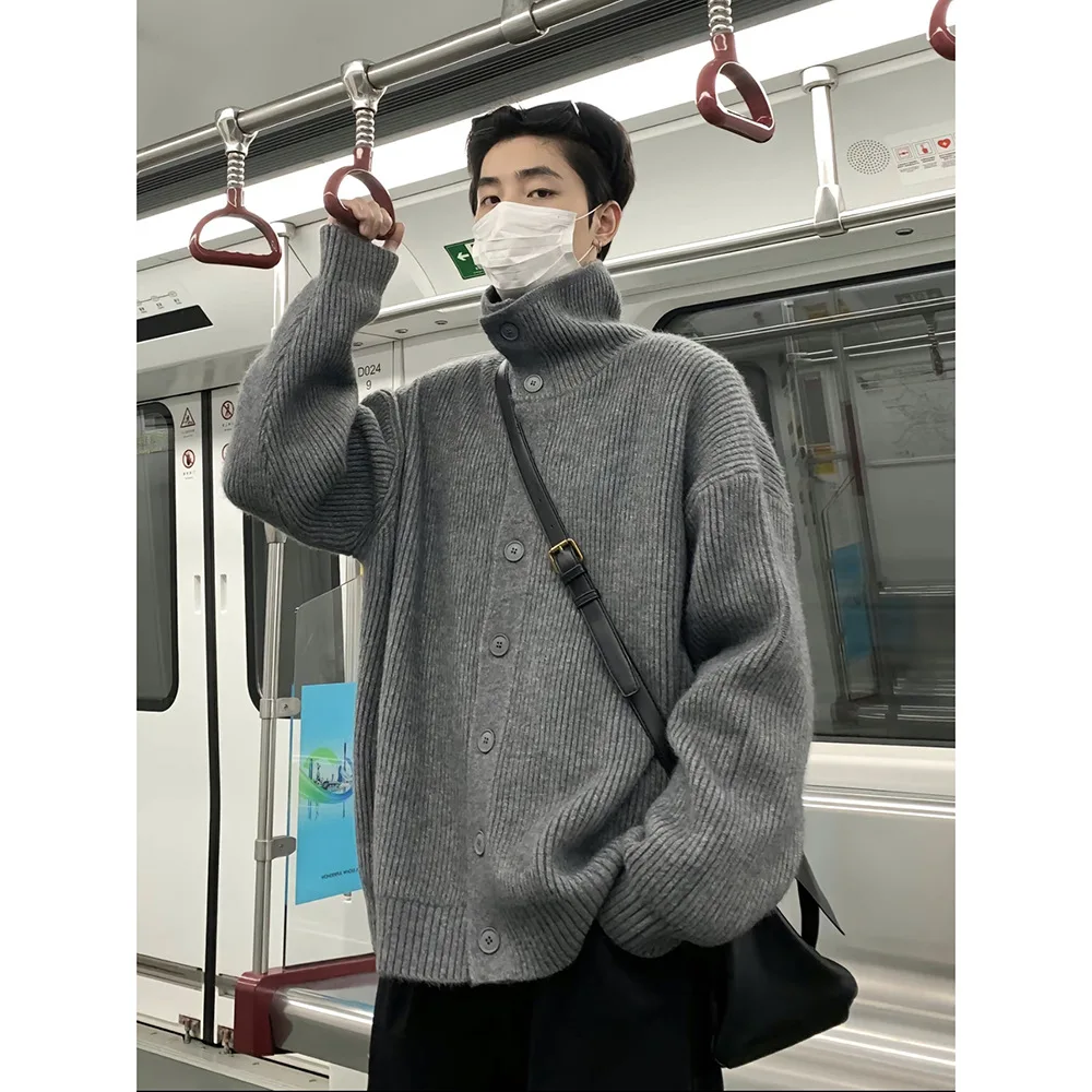 

Cardigan Single Breasted Men Sweaters Long Sleeve Flat Knitted Jumpers Turtleneck Solid Spliced Button High Street Loose