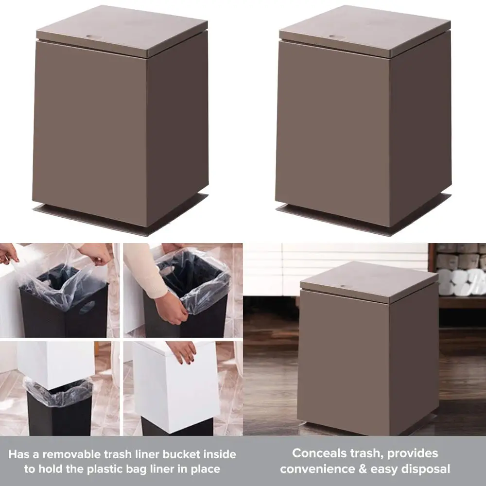 

7L Square Wastebasket - Automatic Lid Opener - Removable Liner for Bathroom or Office, Brown