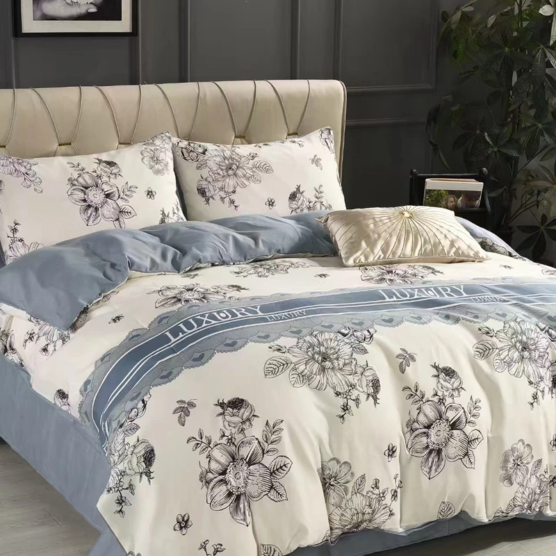 3/4pcs Luxury Floral Duvet Cover Set Grey Vintage Plant Flower Hotel Single Double Bedding Adult Bedroom Queen Comforter Covers