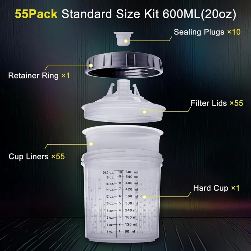 AT51-Paint Sprayer Mixing Cup, 20 Ounce (600Ml) Kit With 55 Cups And Lids System, 1 Hard Cup With Retainer Ring And 10 Plugs