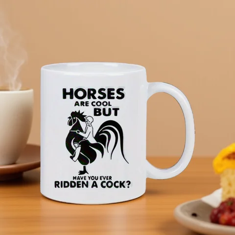 Funny Horse vs Rooster Novelty Coffee Mug - Ceramic White Mug with Humorous "Horses Are Cool But Have You Ever Ridden a Rooster?