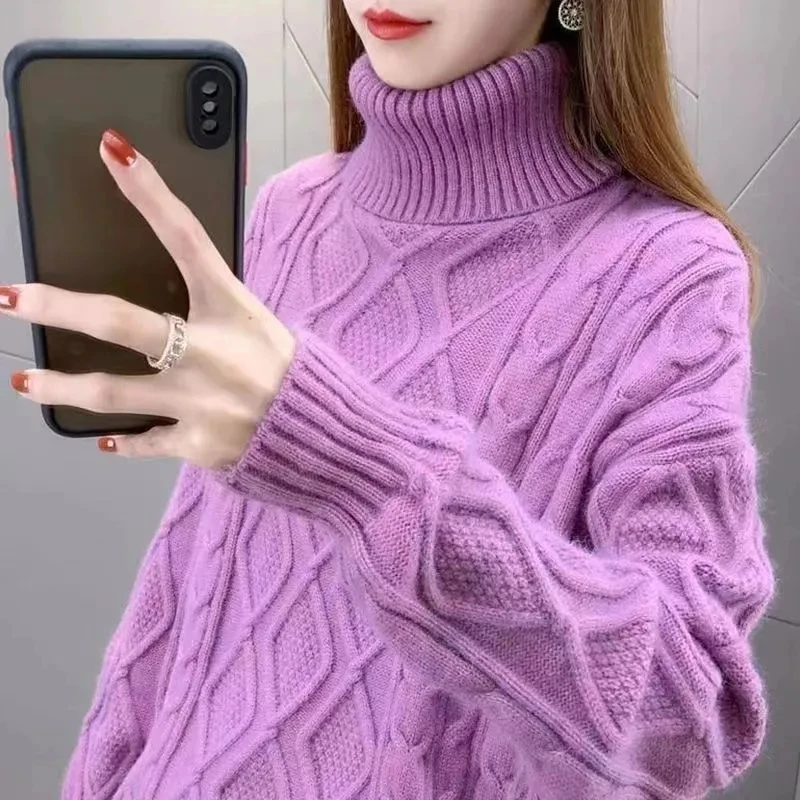 Women\'s Turtleneck Sweater Fall Winter New Loose Warm Knit Pullover Tops Candy Colors Knitwear Jumper Korean Soft Casual Poleras