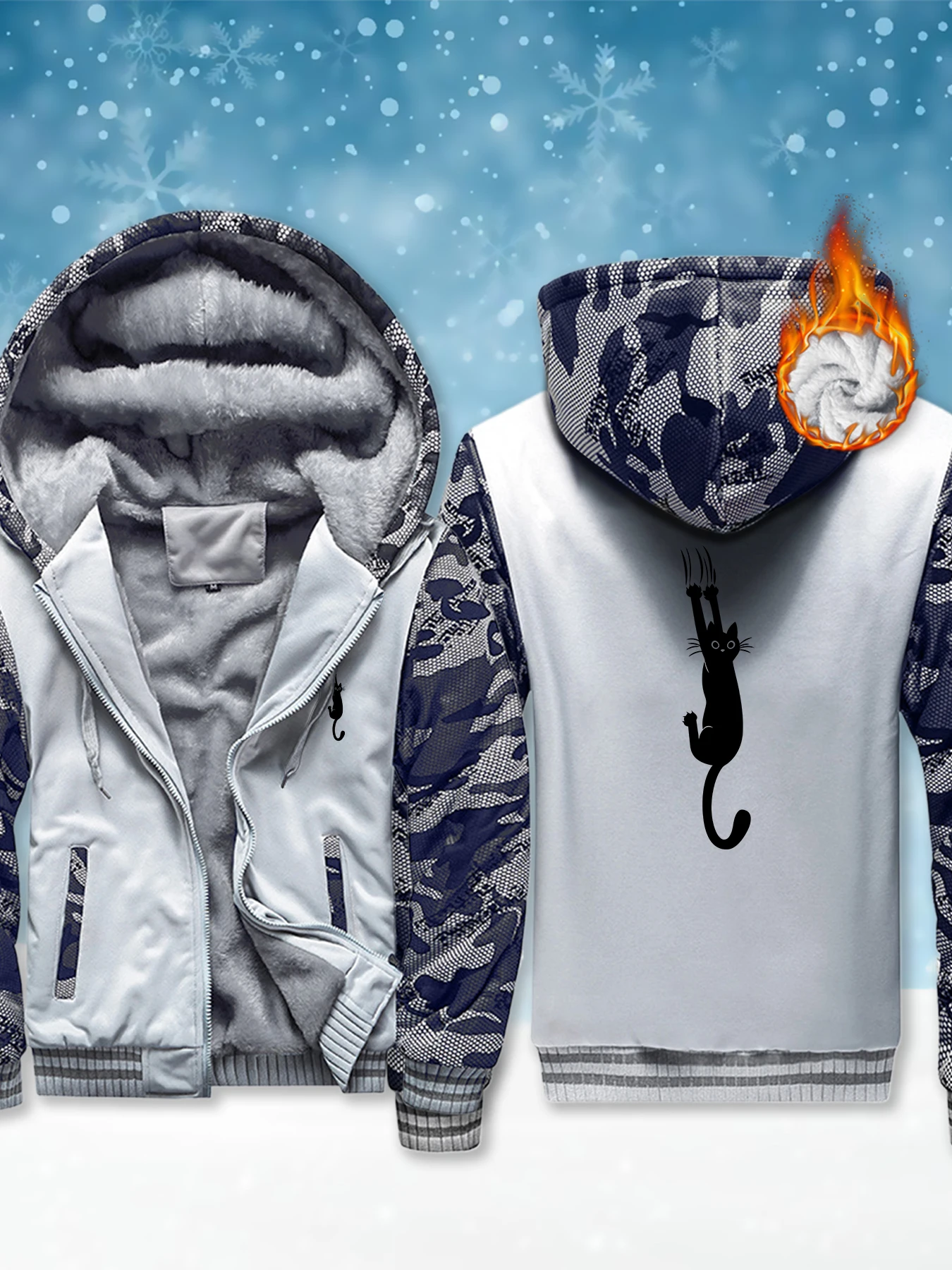 

The Declining Cat Printed Mens Hoodies Fleece Warm Clothing Fashion Zipper Pullover Thick Casual Comfortable Hooded Jacket