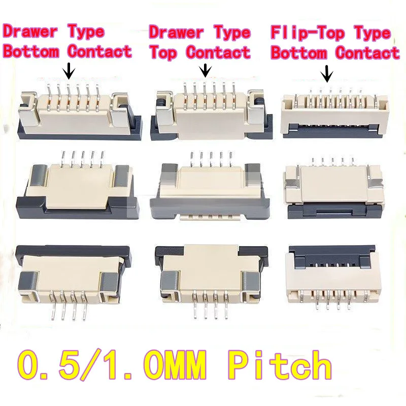 

10PCS FPC Connector Cable Socket 0.5/1.0mm Pitch Flip-Top & Drawer Type Top/Bottom Contact Flexible Flat Cable Socket 4-50 Pin