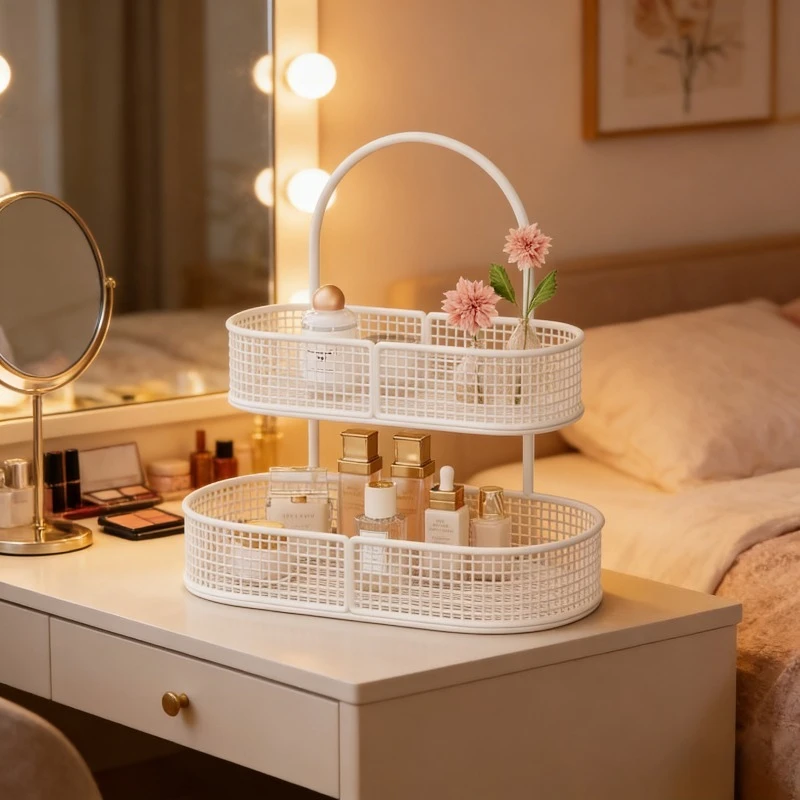 

Двухуровневый органайзер для косметики с ручкой, портативный лоток для хранения косметики, двухуровневый настольный органайзер для ухода за кожей, парфюмерии и банных принадлежностей