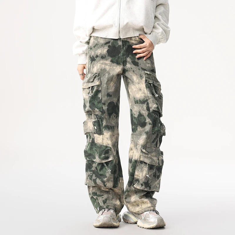 

2026 весенние американские камуфляжные рабочие брюки в стиле ретро, мужские уличные свободные повседневные брюки с несколькими карманами и широкими штанинами десантников