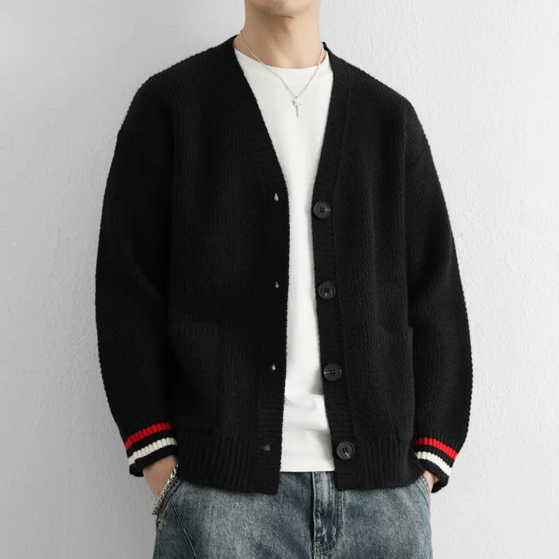 

Spring Faion Versatile Casual Knitted Open Cardigan Long Sve V-Ne Color Blo Stripes Men's Warm Autumn Winter Outerwear