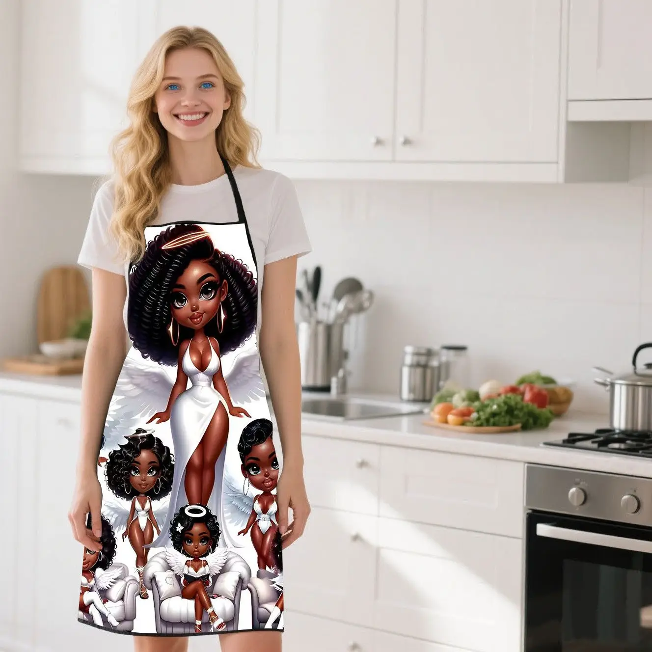 Angel Beauty Printed Kitchen Apron Lightweight Breathable Waterproof Dustproof Home Catering Commercial Work Bib