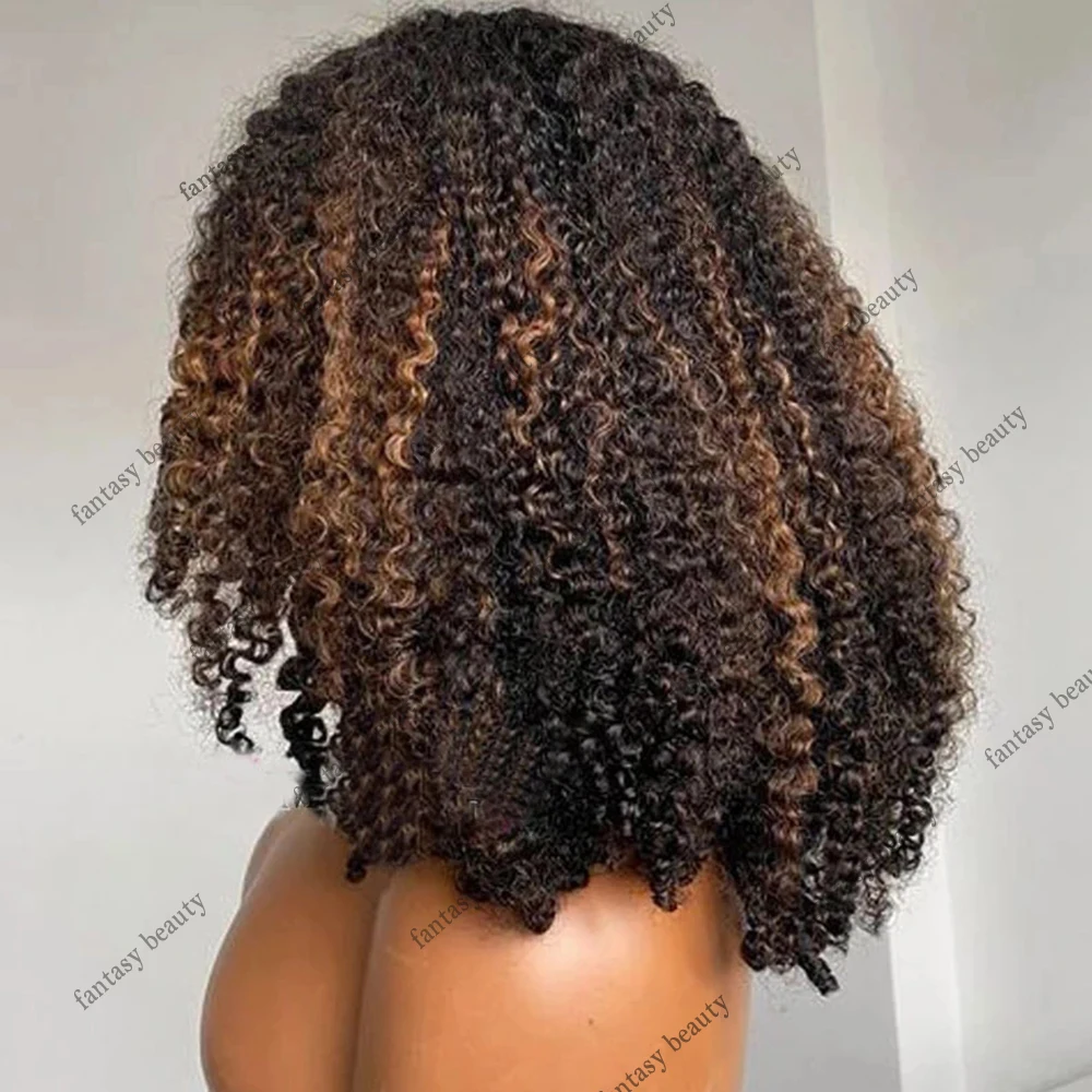 Perruques Afro Kinky Curly U Part, Ombre Brown, UnprocDD, 100% Human Hair Highlight, Bouncy Curly, V Part Wig, 1x4 Shaped, Full End