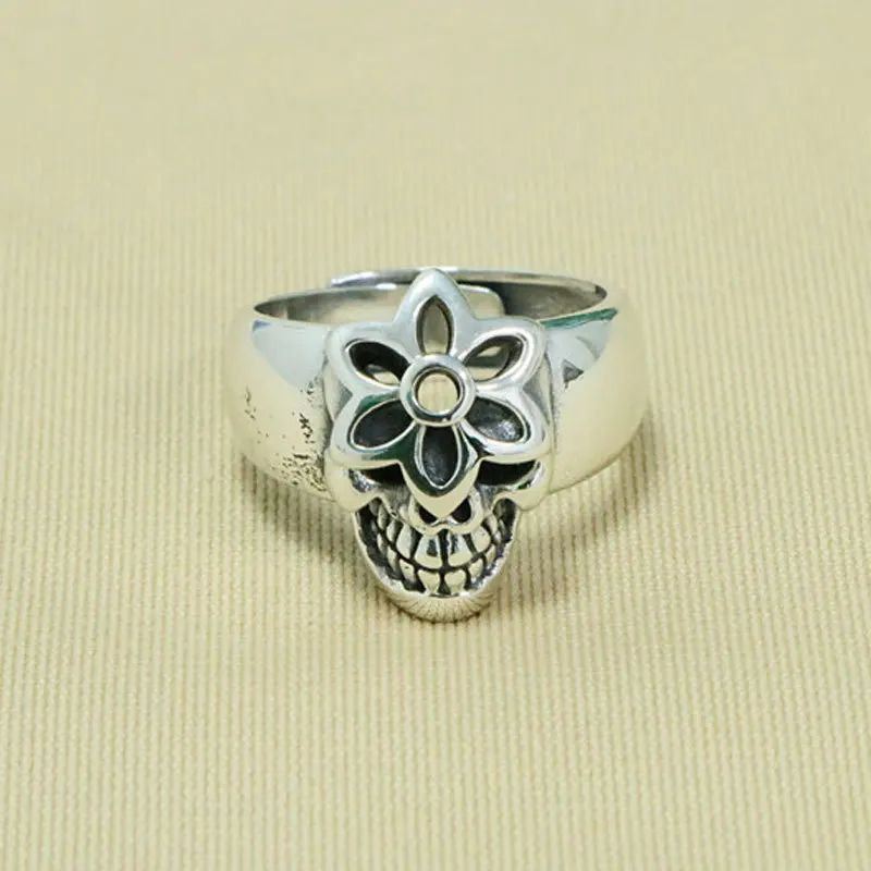 

S925 Sterling Silver Jewelry Personalized European and American Punk Skull Male Ring Sakura Ring Male Index Finger Ring Single R